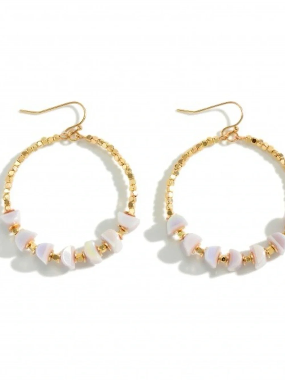 2” Gold Tone Beaded Hoop Earrings | Blush Shell Beads | Boho Chic | Lightweight